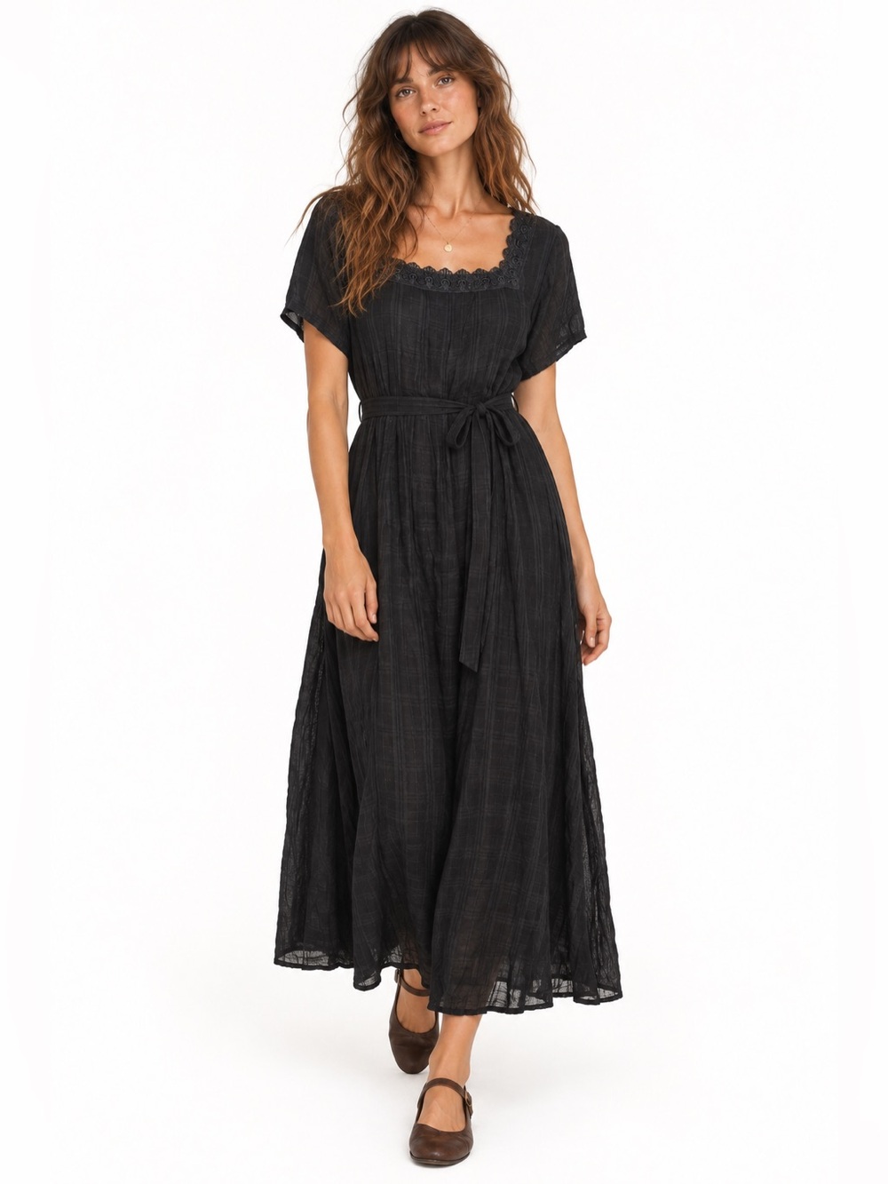 Vintage 90s Sarah Elizabeth Rayon Plaid Lace Trimmed Midi Dress Whimsigoth